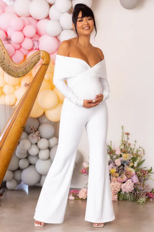 Star Light | White Maternity Wrap Front Jumpsuit sold by Club L London