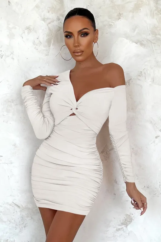 Repeat After Me | Off White Asymmetrical Long Sleeve Twist Front Ruched Mini Dress sold by Club L London