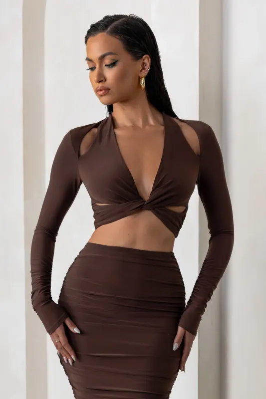 Admirable | Chocolate Brown Plunge Neck Twist Front Crop Top With Long Sleeves sold by Club L London