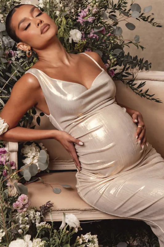 Rise & Shine | Champagne Maternity Asymmetric Neckline Maxi Dress sold by Club L London
