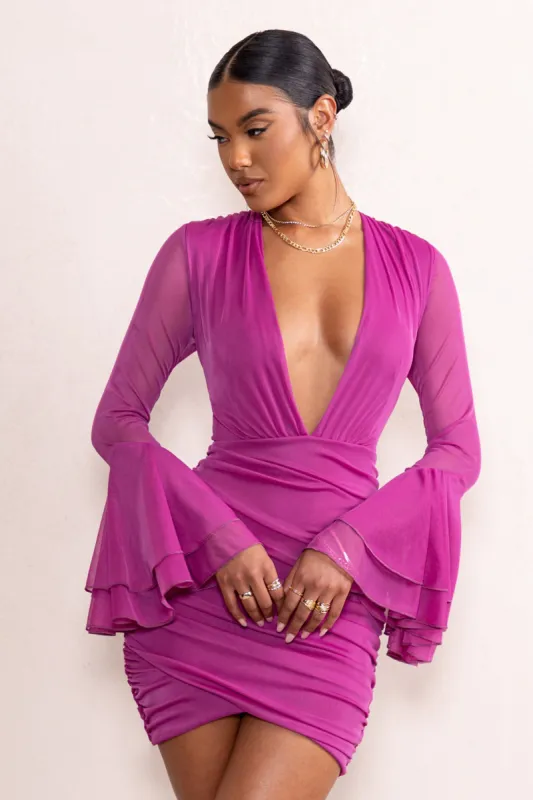 Leilani | Orchid Ruched Deep Plunge Chiffon Mini Dress With Ruffled Sleeves made by Club L London