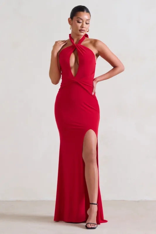 Luxuria | Red Halter Cut Out Maxi Dress sold by Club L London