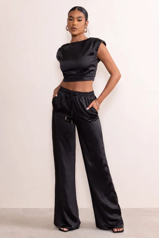 Kelilah | Black Satin Wide Leg Jogger With Pockets sold by Club L London