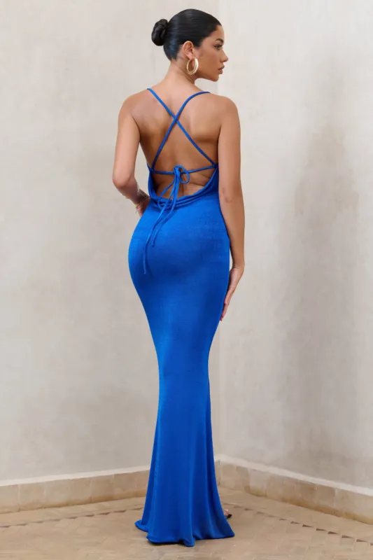 In My Feelings | Royal Blue Cowl Neck Split Maxi Dress sold by Club L London