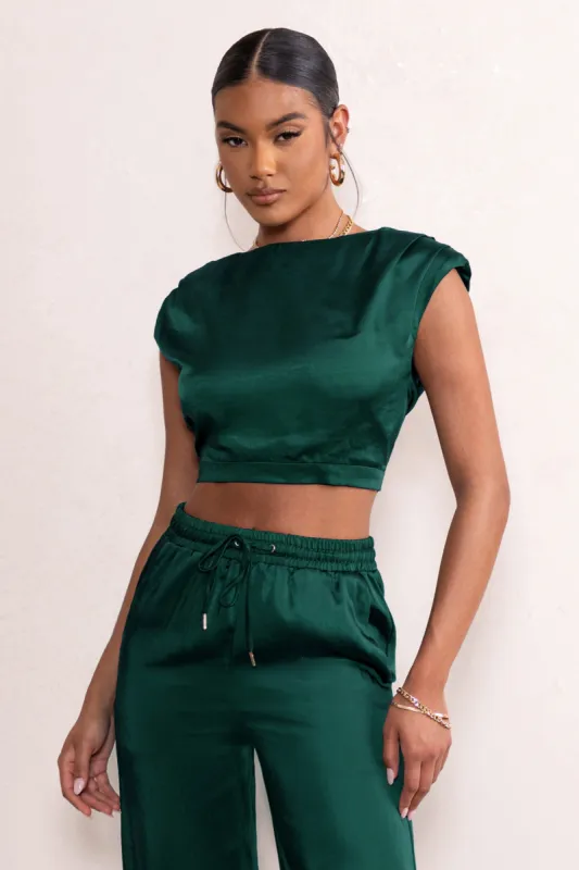 Ellery | Bottle Green Padded Shoulder Satin High Neck Crop Top sold by Club L London