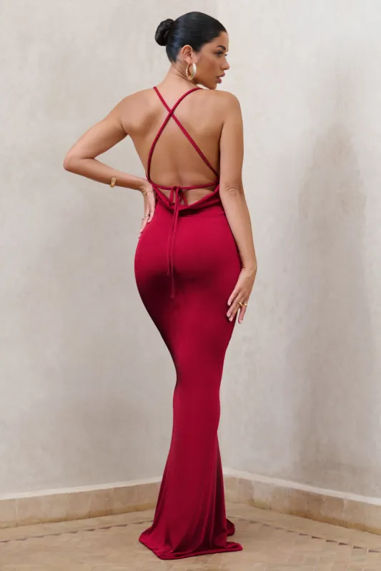 In My Feelings | Cherry Red Cowl Neck Split Maxi Dress made by Club L London
