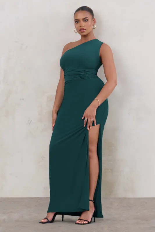 Moment In Time | Plus Bottle Green Ruched Panel One Shoulder Maxi Dress sold by Club L London