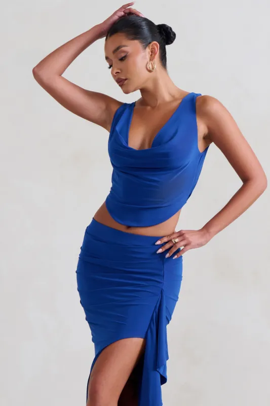 Femme Classique | Blue Cowl Crop Top sold by Club L London