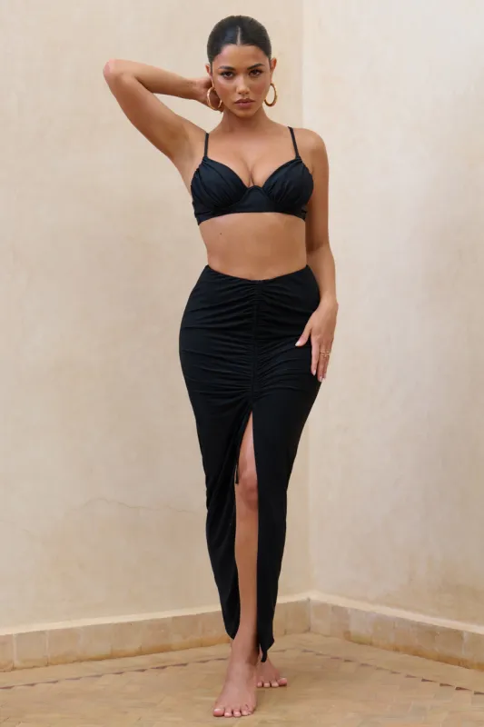 Longing | Black Ruched Chiffon Split Maxi Skirt With Drawstrings sold by Club L London
