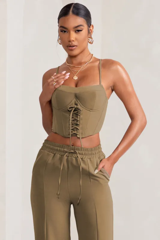Twilight | Sand Scoop Neck Lace Up Corset Crop Top sold by Club L London