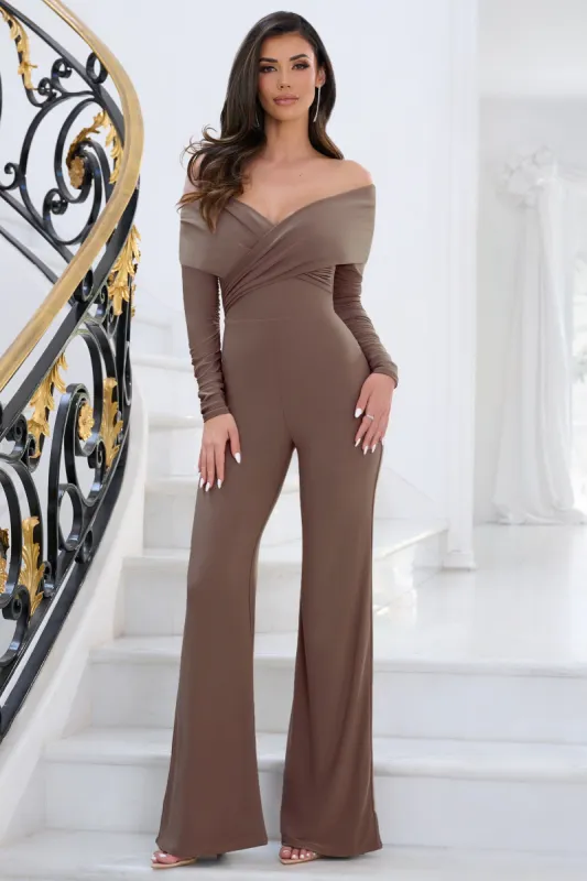 Hand On Heart | Dark Mocha Twist Front Bardot Jumpsuit sold by Club L London