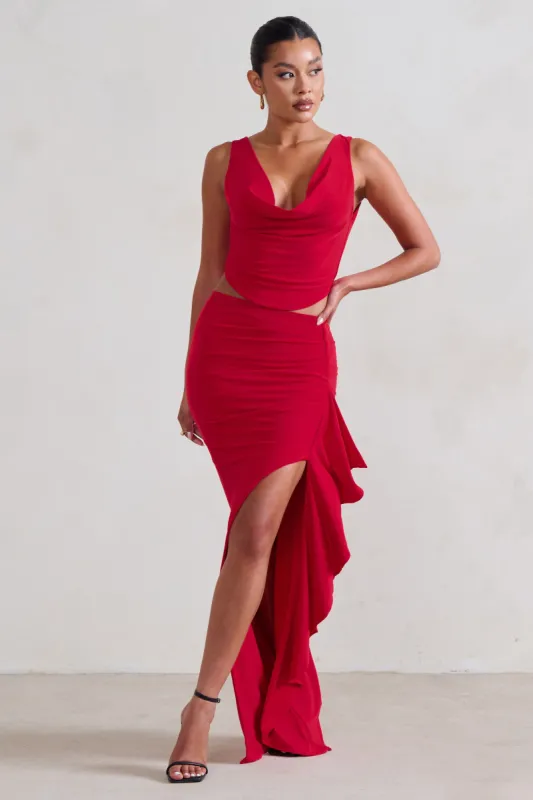 La Belle | Red Ruffle Maxi Skirt With Thigh Split sold by Club L London
