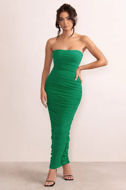 My Lady | Emerald Green Strapless Bodycon Ruched Mesh Maxi Dress sold by Club L London