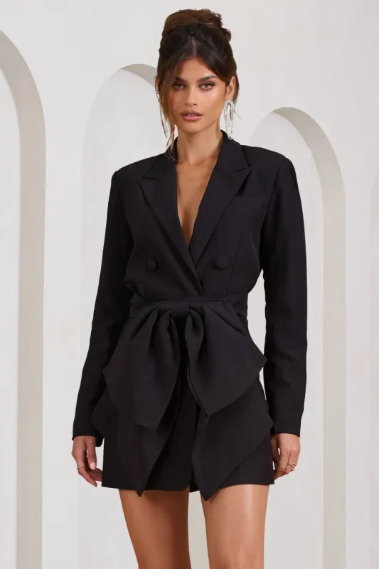 Prized | Black Tailored Blazer Mini Dress With Bow sold by Club L London