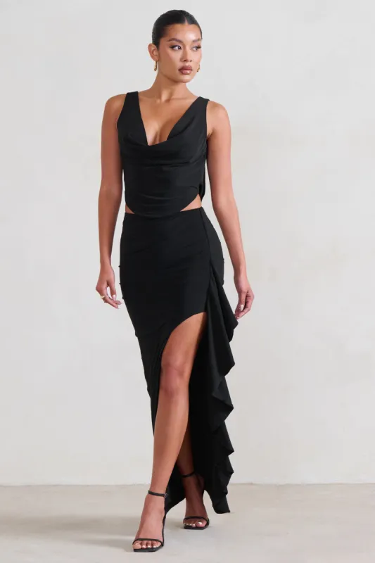 La Belle | Black Ruffle Maxi Skirt With Thigh Split sold by Club L London