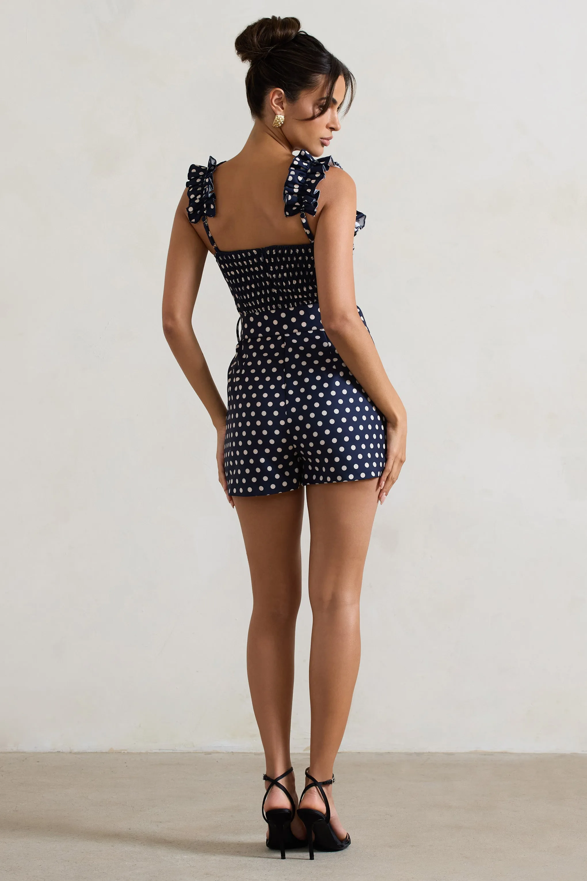 One Day | Navy Polka Dot Ruffle-Strap Belted Playsuit sold by Club L London product image thumbnail 2