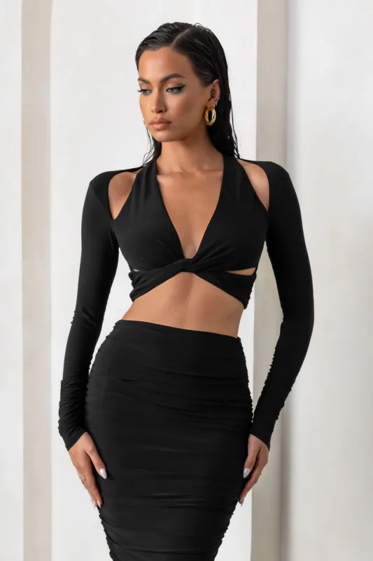Admirable | Black Plunge Neck Twist Front Crop Top With Long Sleeves sold by Club L London