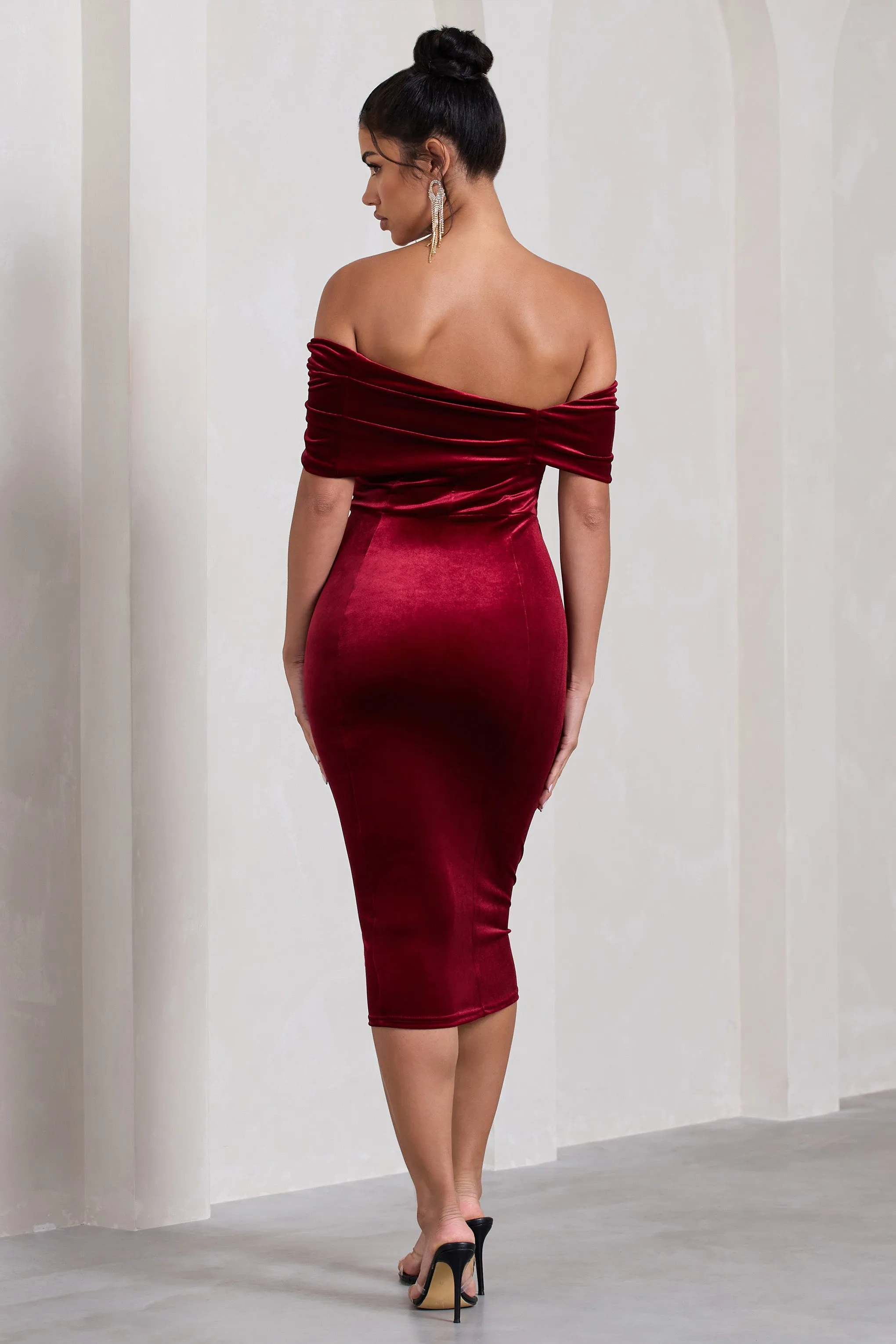 Snowflake | Berry Velvet Bardot Bow Detail Midi Dress sold by Club L London product image thumbnail 2