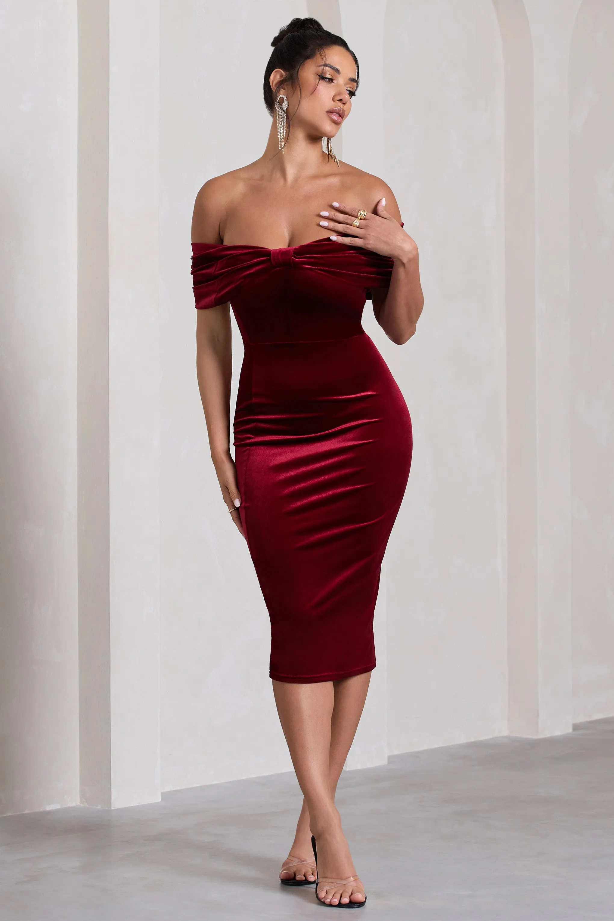 Snowflake | Berry Velvet Bardot Bow Detail Midi Dress sold by Club L London product image thumbnail 4