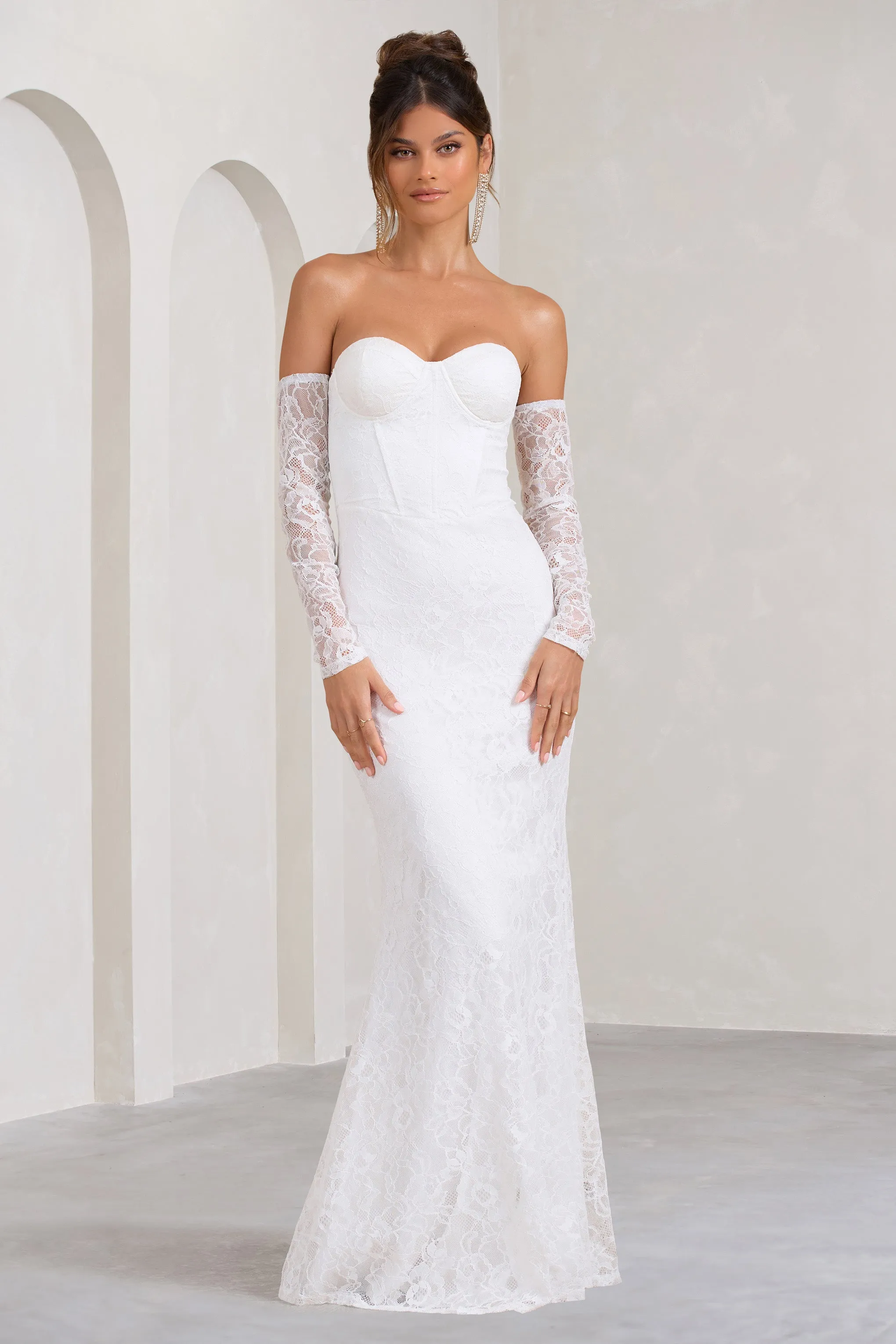 Aniyah | White Lace Bandeau Neckline Corset Fishtail Maxi Dress With Sheer Sleeves sold by Club L London product image thumbnail 4
