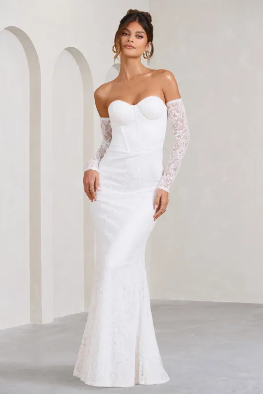 Aniyah | White Lace Bandeau Neckline Corset Fishtail Maxi Dress With Sheer Sleeves sold by Club L London
