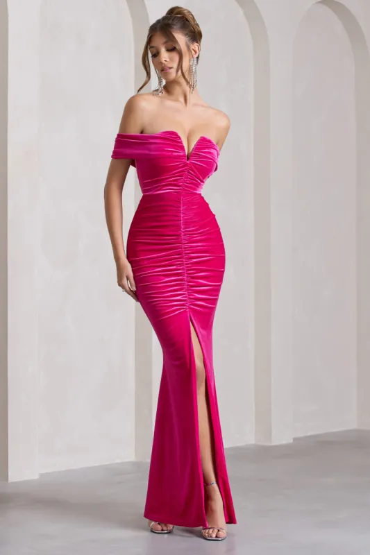 Divinity | Dark Pink Ruched Velvet Bardot Split Maxi Dress sold by Club L London