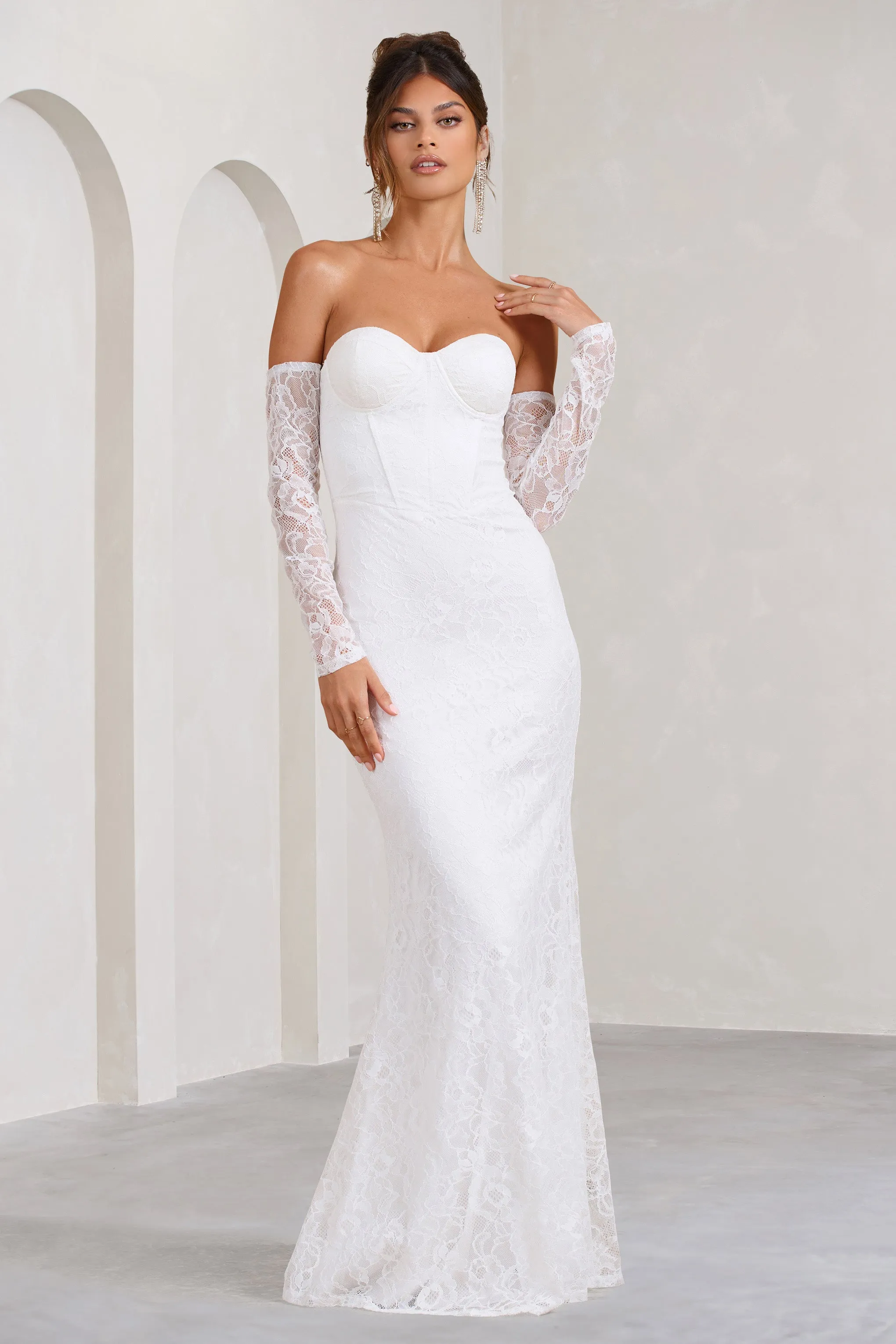 Aniyah | White Lace Bandeau Neckline Corset Fishtail Maxi Dress With Sheer Sleeves sold by Club L London product image thumbnail 5