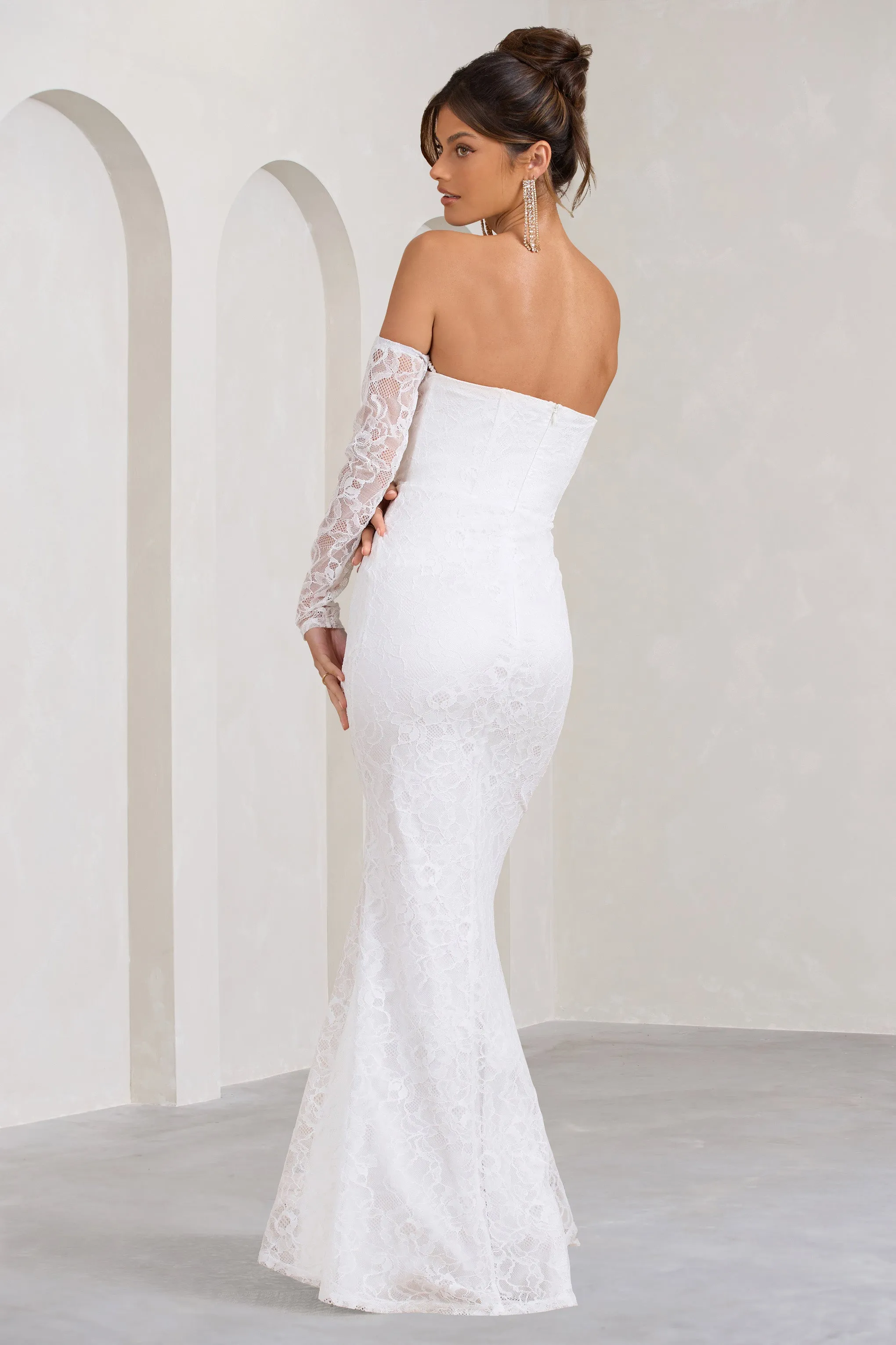 Aniyah | White Lace Bandeau Neckline Corset Fishtail Maxi Dress With Sheer Sleeves sold by Club L London product image thumbnail 2