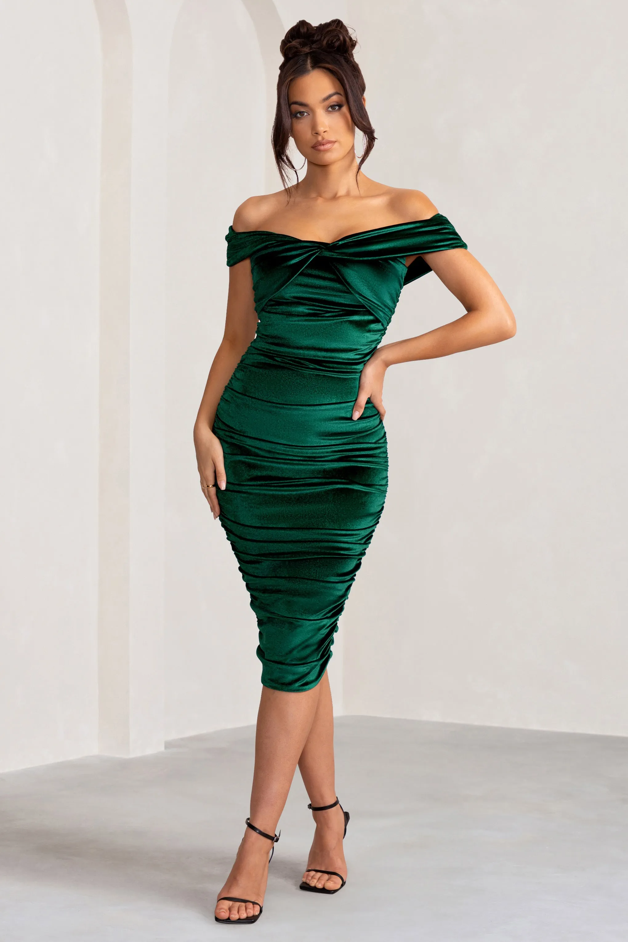 Gratitude | Bottle Green Velvet Off The Shoulder Ruched Midi Dress sold by Club L London product image thumbnail 5
