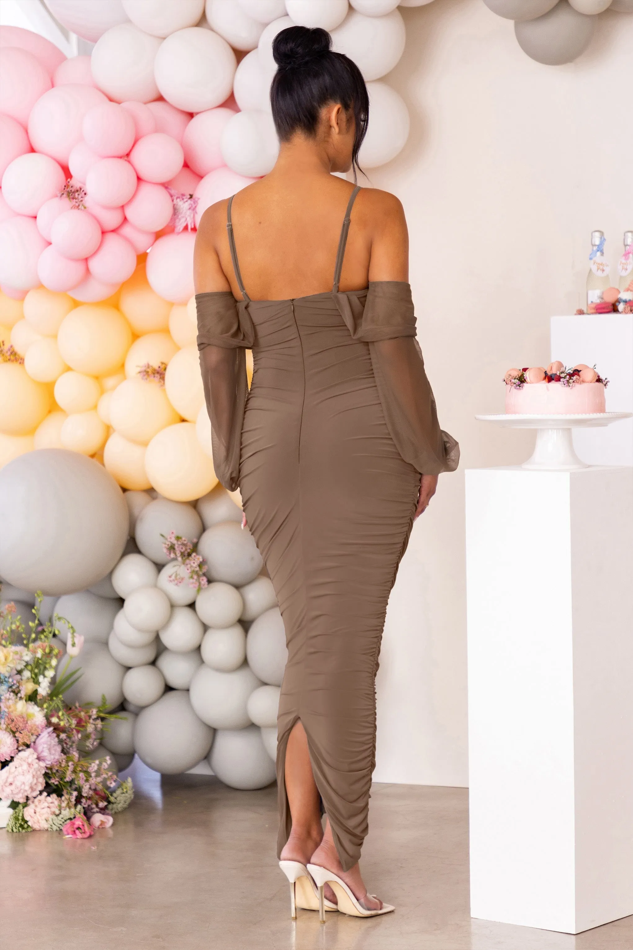 Announcement | Mocha Maternity Bardot Ruched Maxi Dress sold by Club L London product image thumbnail 2