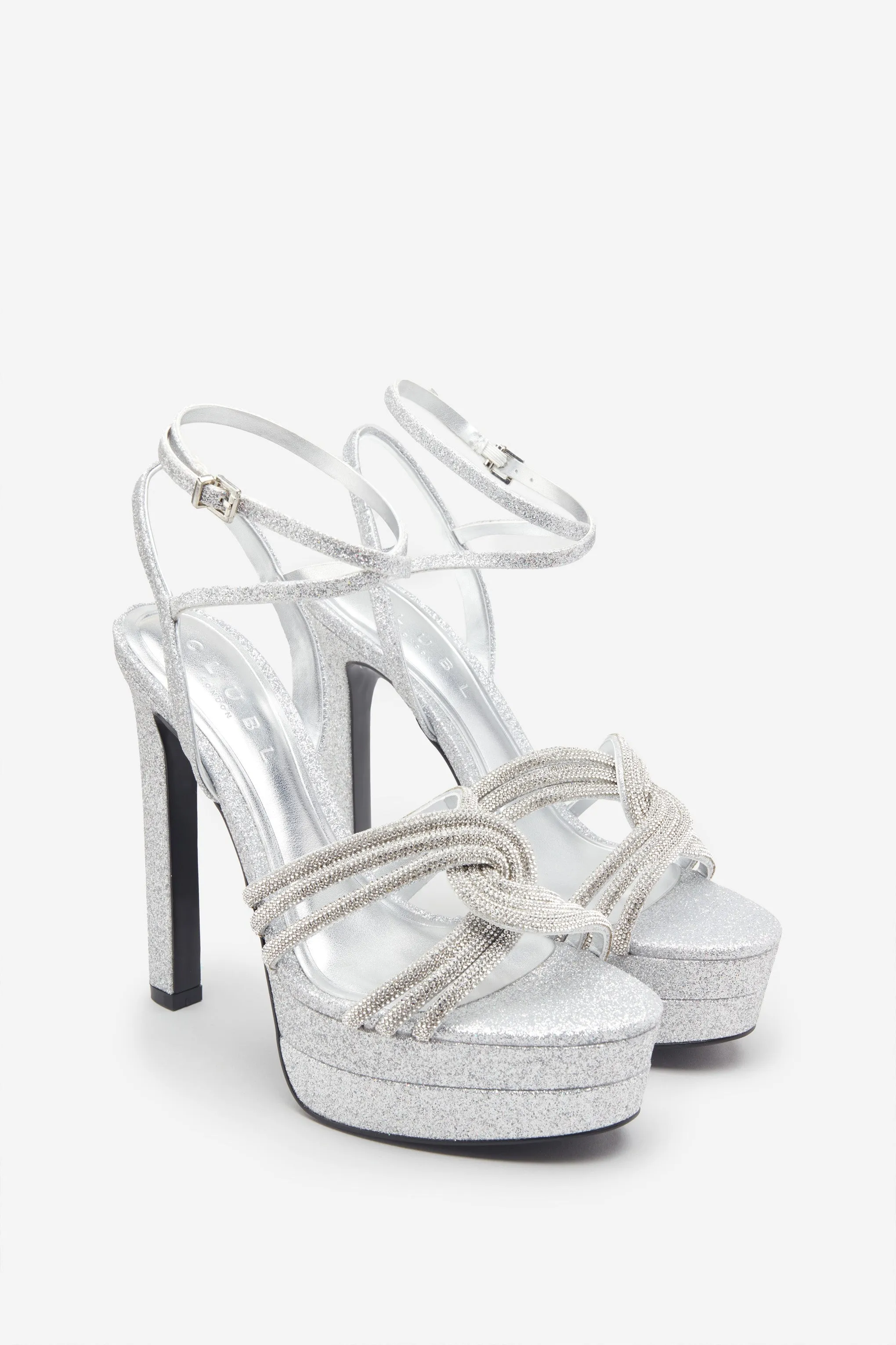 Doll Drama | Silver Glitter Diamante Strappy Platform Heels sold by Club L London product image thumbnail 2