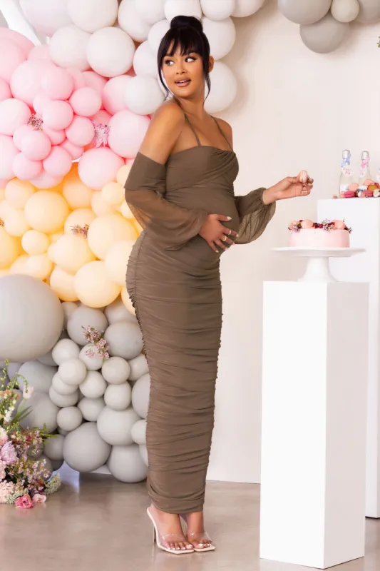 Announcement | Mocha Maternity Bardot Ruched Maxi Dress sold by Club L London