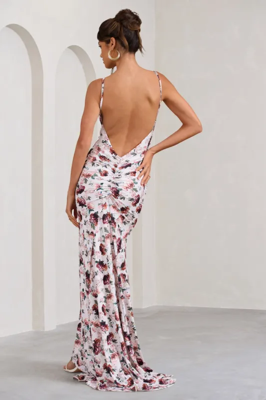 Adele | White Floral Print Backless Ruched Fishtail Cami Maxi Dress sold by Club L London