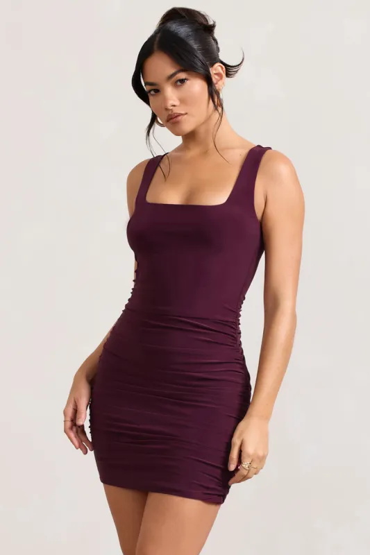 Porto | Burgundy Square-Neck Strappy Bodycon Mini Dress sold by Club L London