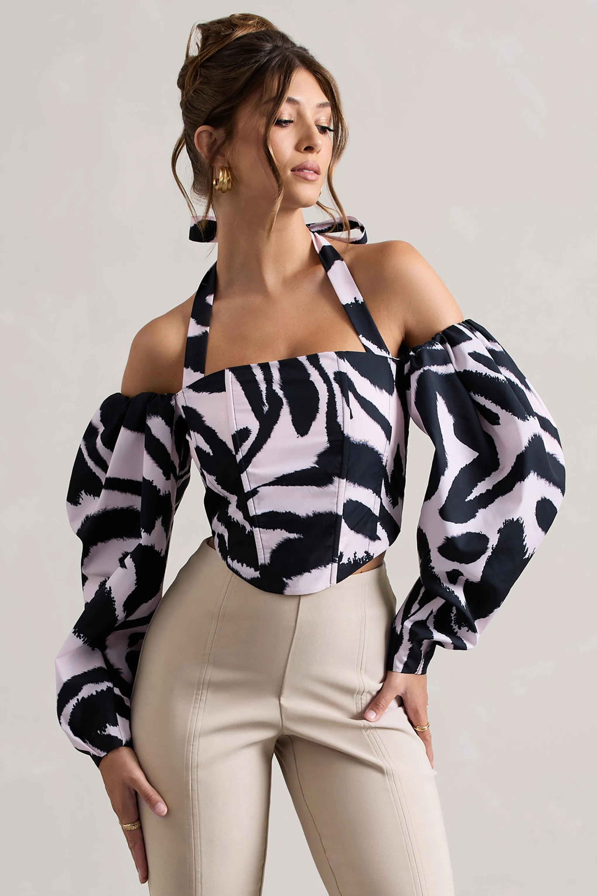 Theatric | Zebra Print Halter-Neck Corset Top With Puff-Sleeves sold by Club L London product image thumbnail 3