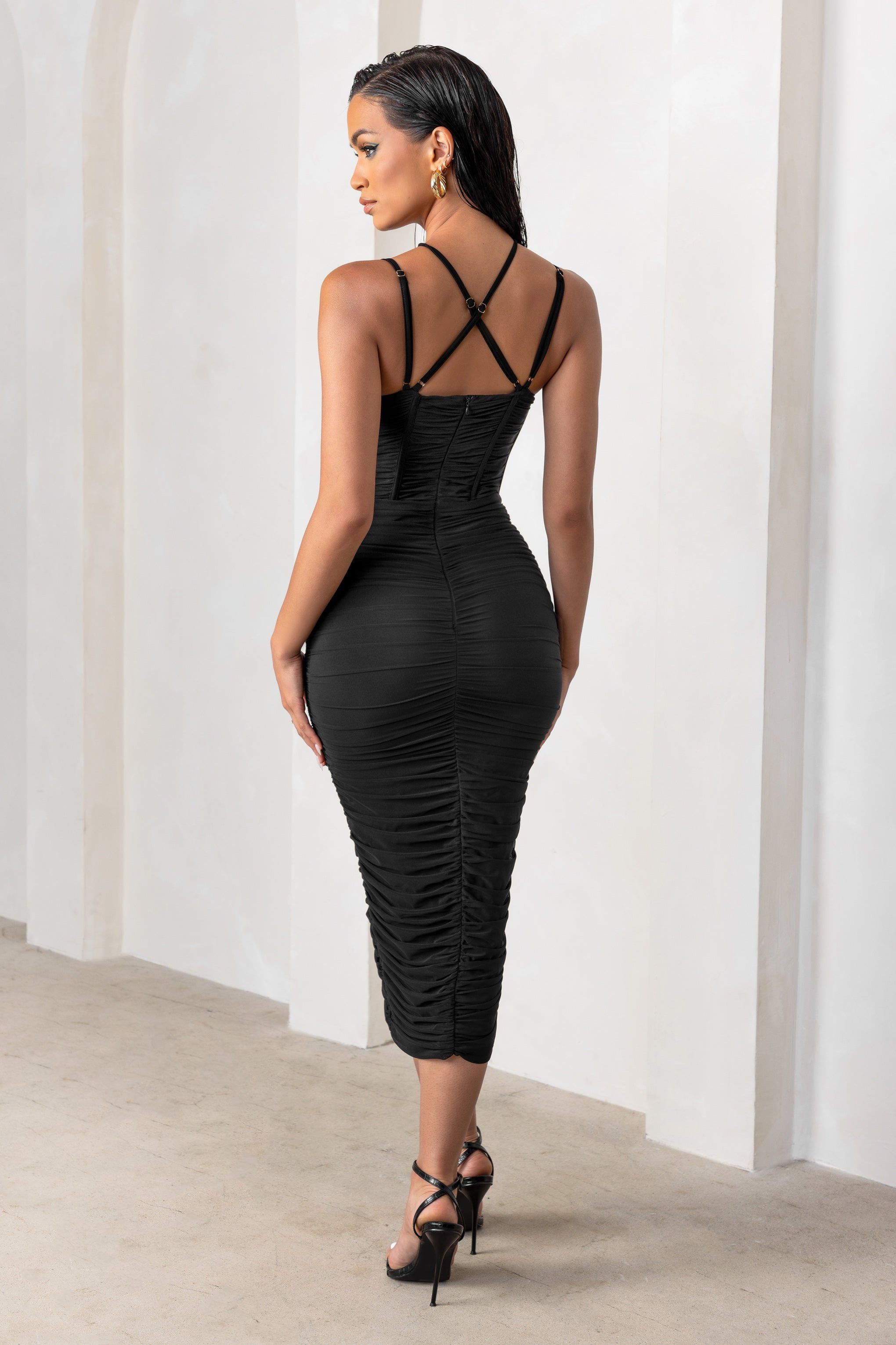 Liveliness | Black Halter Neck Midi Dress With Mesh Overlay sold by Club L London product image thumbnail 2