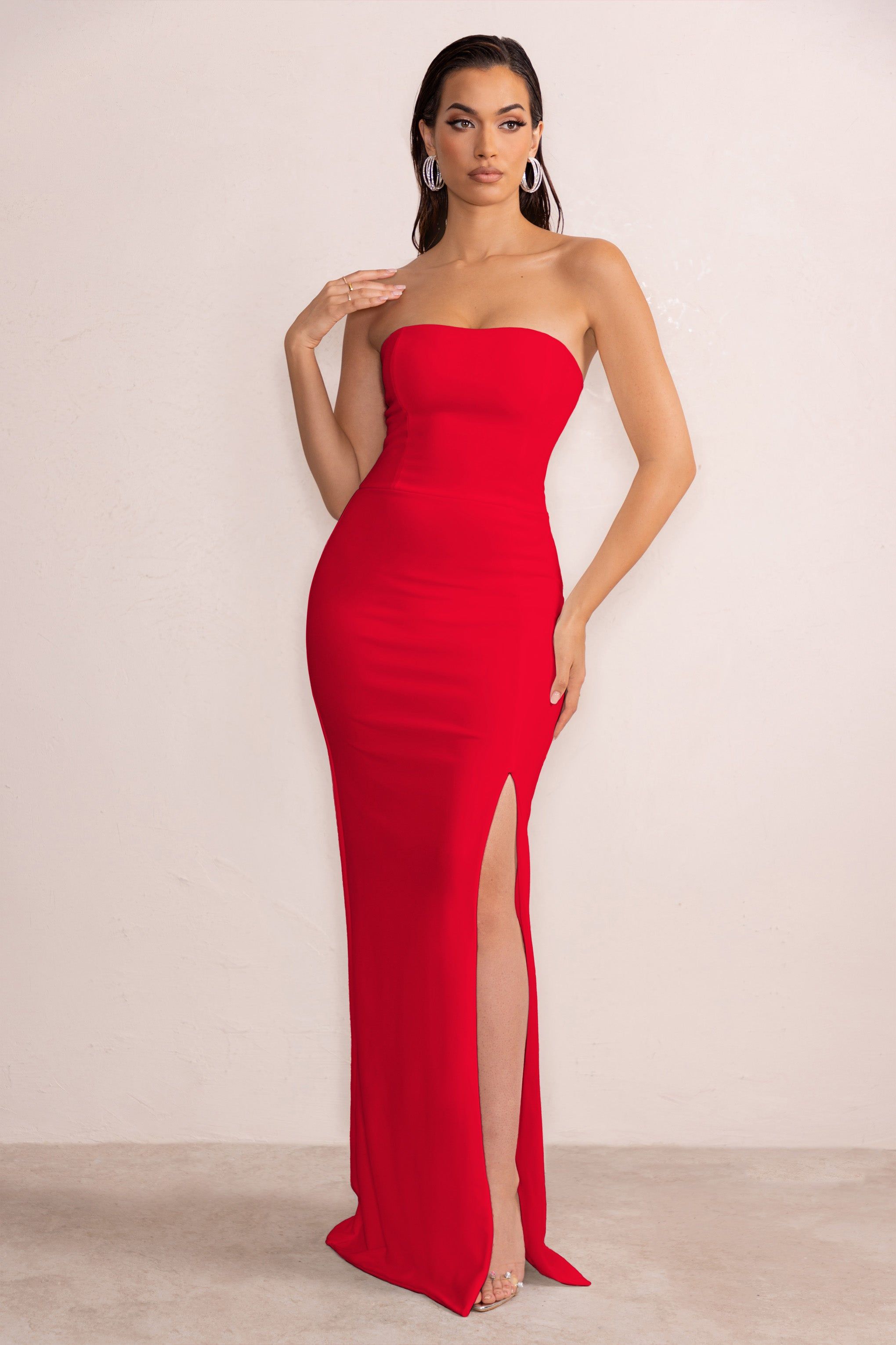 Belle of The Ball | Red Bandeau Maxi Dress With Split Hem sold by Club L London product image thumbnail 4