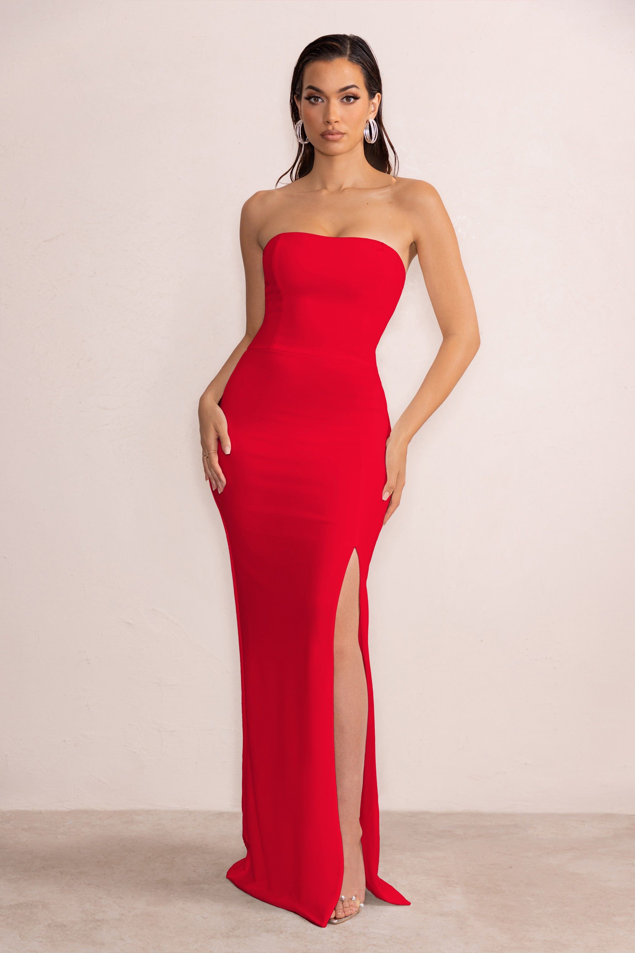 Belle of The Ball | Red Bandeau Maxi Dress With Split Hem sold by Club L London