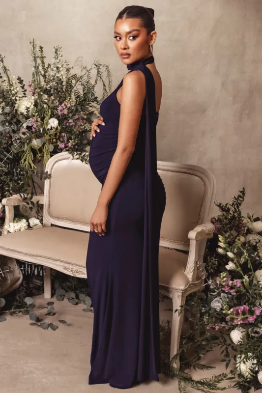 Alula | Navy Maternity Asymmetric Maxi Dress with Cape Detailing sold by Club L London