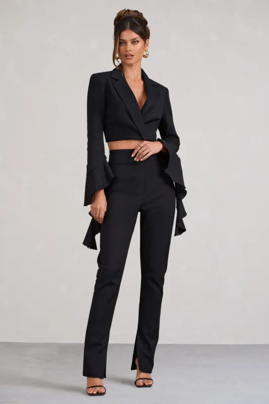 Addilyn | Black Cotton-Blend Tailored Straight-Leg Split Trousers sold by Club L London