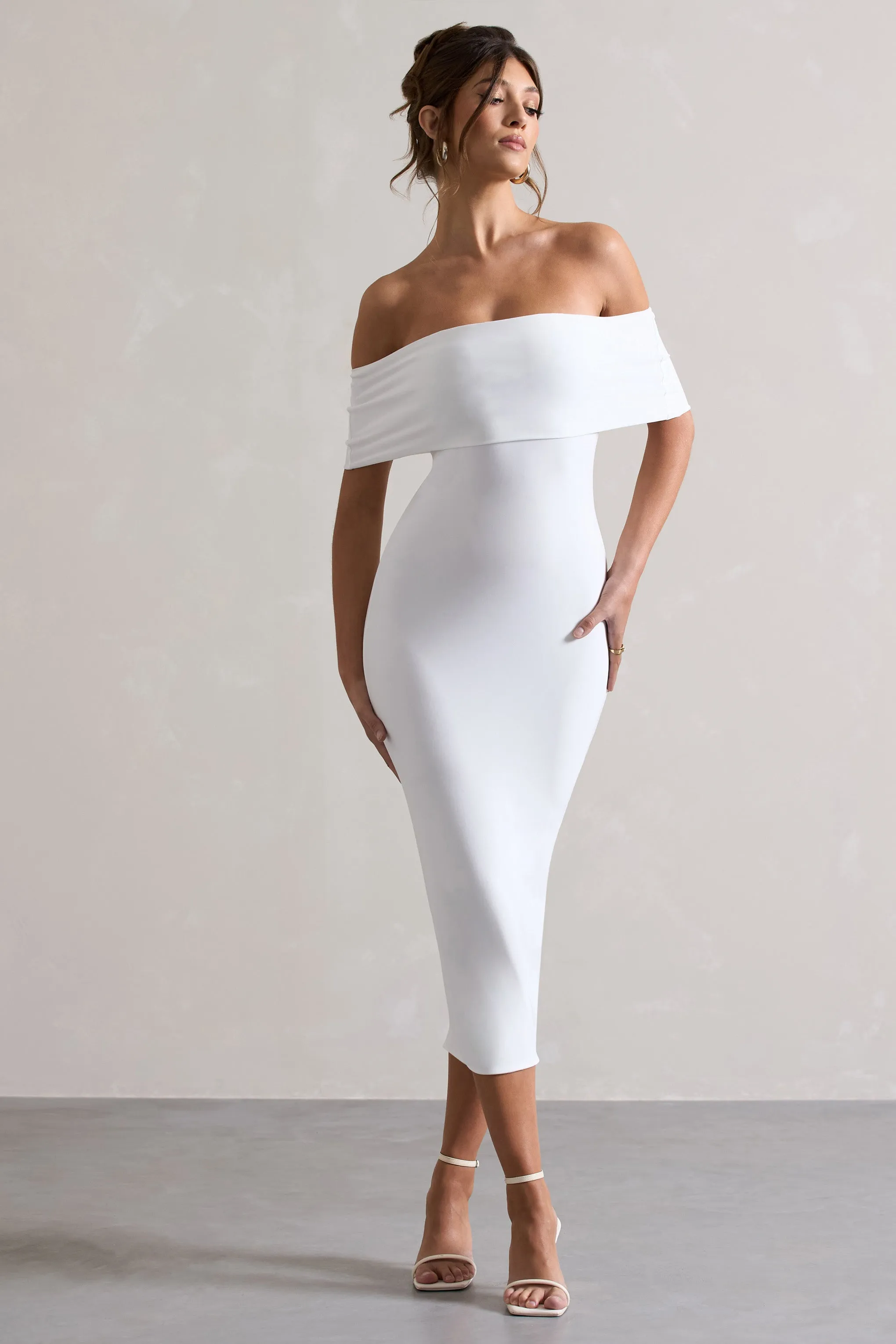 Averie | White Bodycon Bardot Midi Dress sold by Club L London
