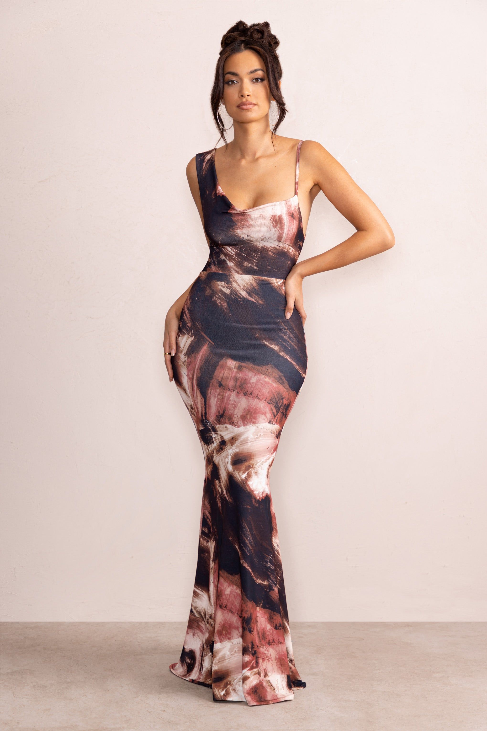 Phantasy | Brown Print Asymmetric Neckline Cowl Maxi Dress sold by Club L London