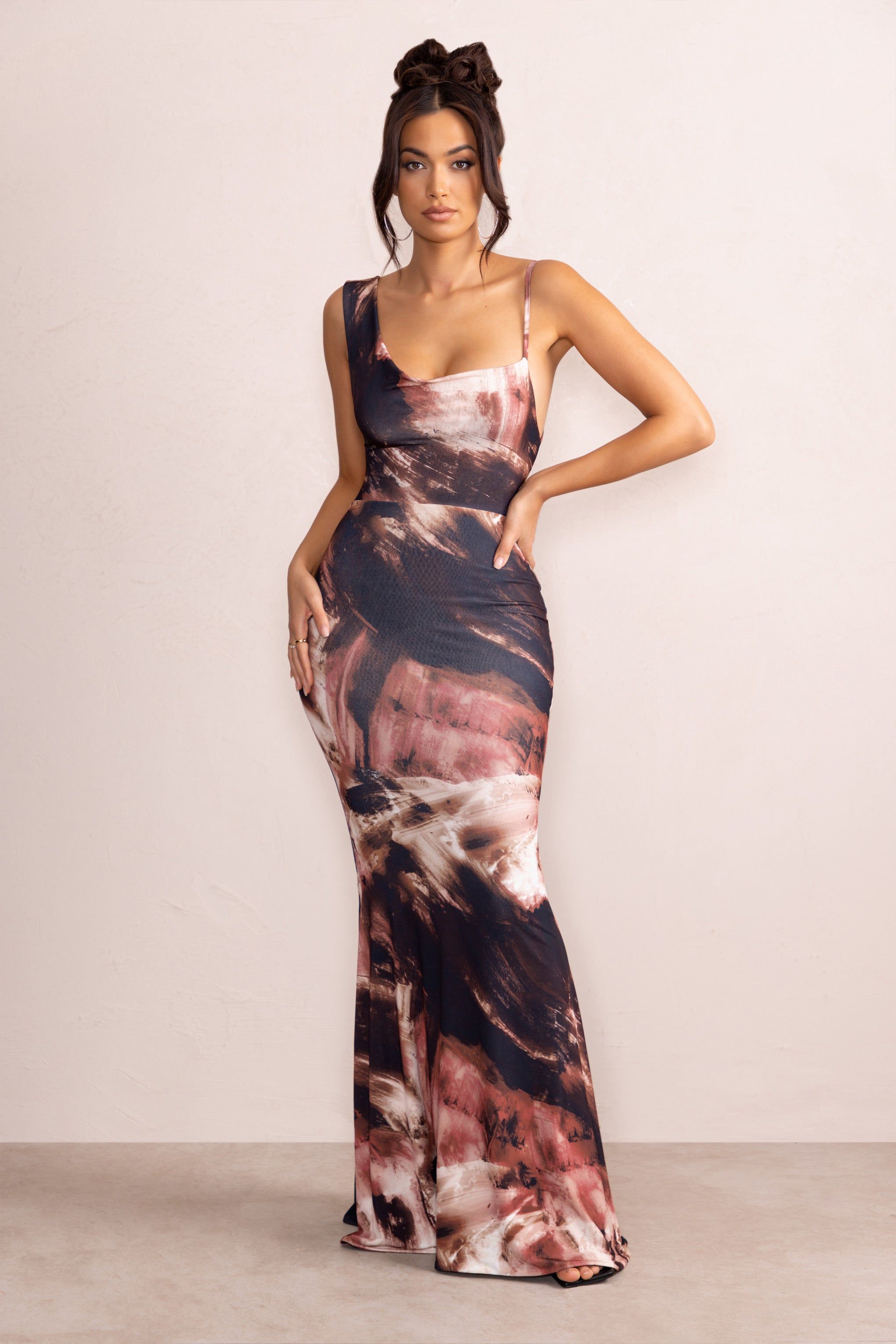 Phantasy | Brown Print Asymmetric Neckline Cowl Maxi Dress sold by Club L London product image thumbnail 5