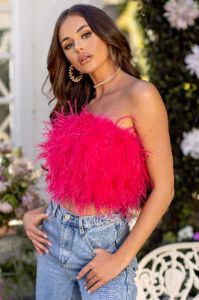 Dream Daze | Hot Pink Feather Bandeau Crop Top sold by Club L London