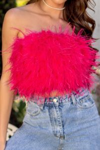 Dream Daze | Hot Pink Feather Bandeau Crop Top sold by Club L London