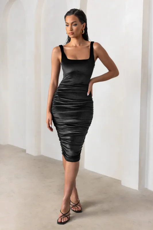 Beauty | Black Velvet Square Neck Bodycon Midi Dress sold by Club L London