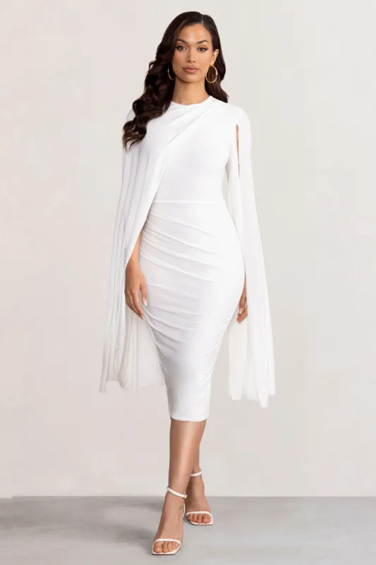 Marysol | White Asymmetric Cape Midi Dress sold by Club L London