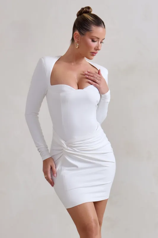 Corelle | White Long Sleeve Sweet Heart Twist Detail Mini Dress sold by Club L London