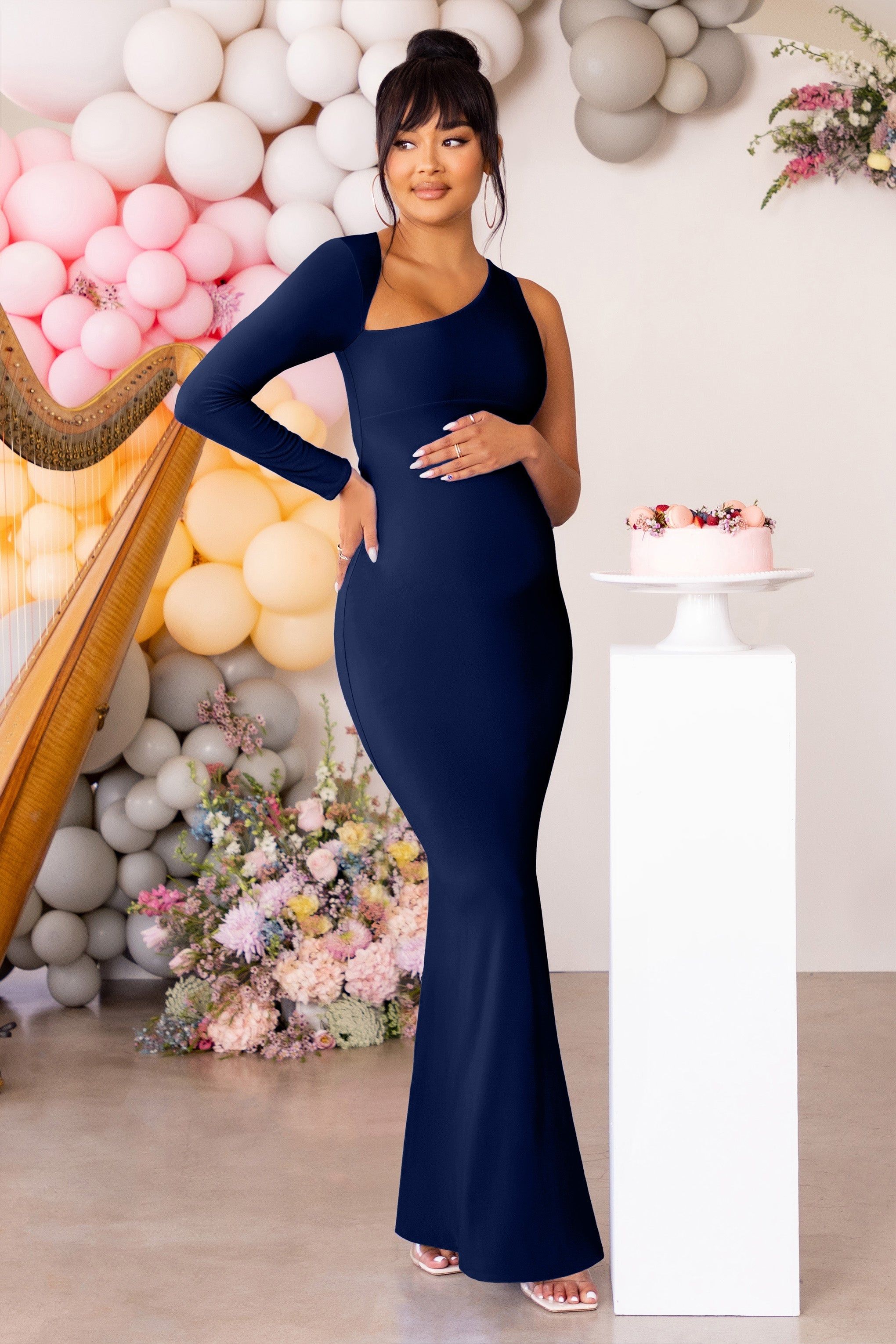 Oh Baby | Navy Maternity One Shoulder Bodycon Maxi Dress sold by Club L London product image thumbnail 3