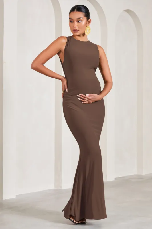 Riley | Chocolate Ruched Sleeveless Open-Back Maternity Maxi Dress sold by Club L London